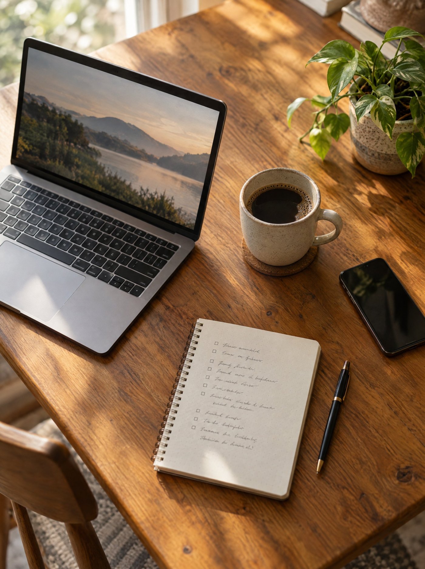 A calm desk with a laptop, coffee and a handwritten to-do list